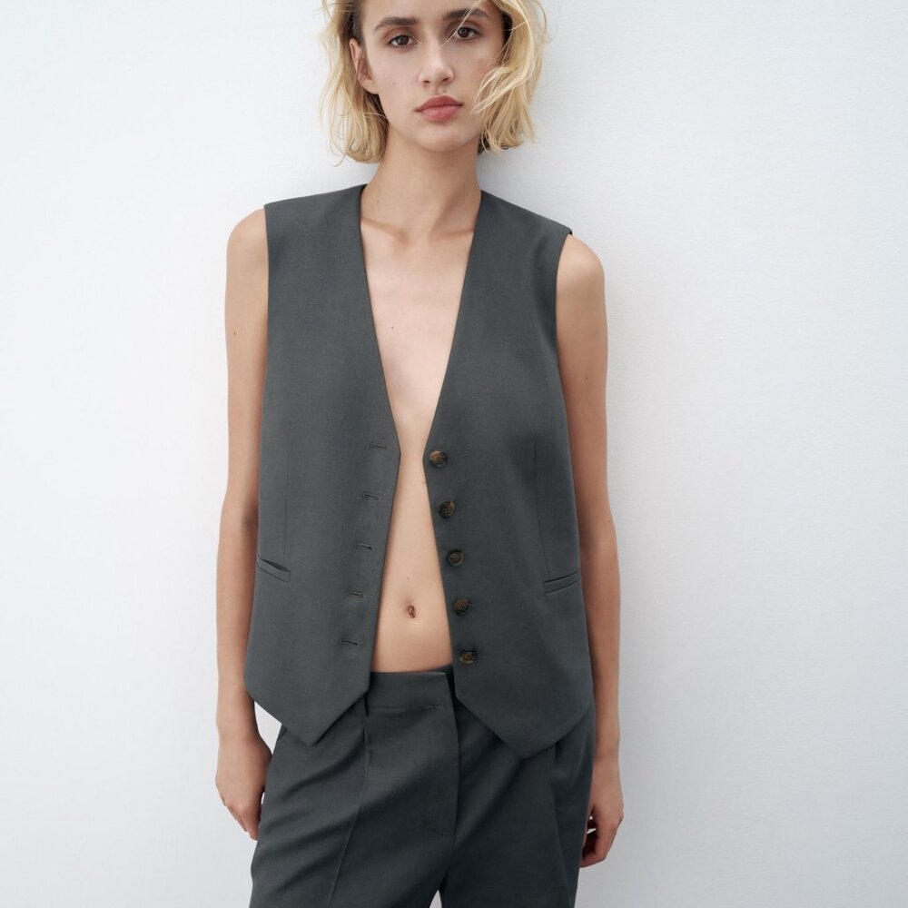 NWT ZARA TAILORED LINEN BLEND WAISTCOAT GRAY